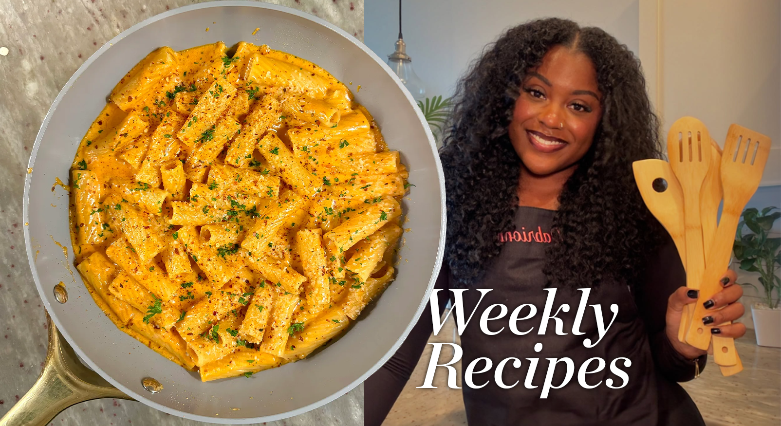 Split screen met een romige oranje pasta (rigatoni) in een pan en een chef-kok die houten lepels vasthoudt.
