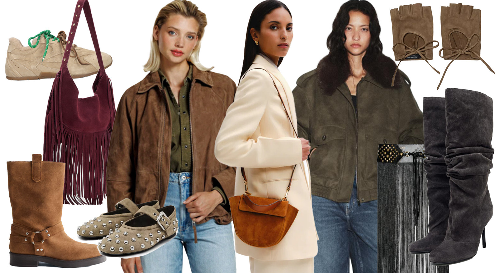 Collage van suède mode-items, waaronder bikerlaarzen, overknee laarzen, jassen en franje tassen, die de herfst/winter 2025 trend illustreren.