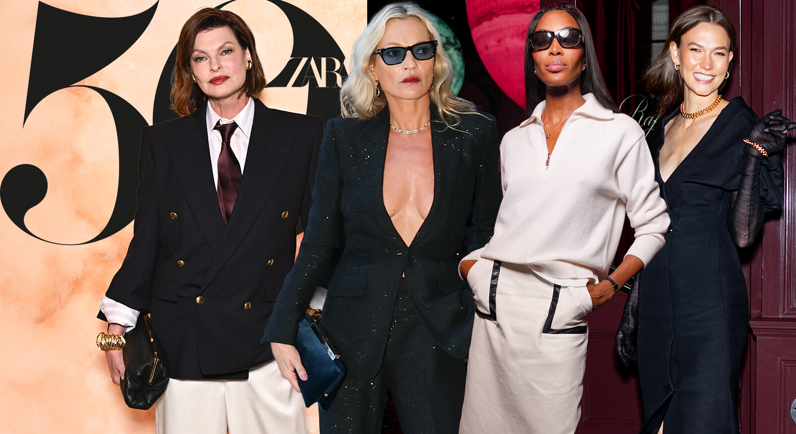 Vier beroemde modellen staan naast elkaar, strak gekleed in formele en stijlvolle kleding. Van links naar rechts: Linda Evangelista in een zwart pak met een bordeauxrode das en witte broek; Kate Moss in een diep uitgesneden zwart pak met zonnebril; Naomi Campbell in een crèmekleurige trui met rits en een bijpassende broek met een zonnebril; en Karlie Kloss in een zwarte jurk met lange handschoenen en een ketting. Op de achtergrond is een abstracte, perzikkleurige en zwarte '50'-opdruk te zien met het ZARA-logo, verwijzend naar de 'Zara's 50 Creators collectie'.