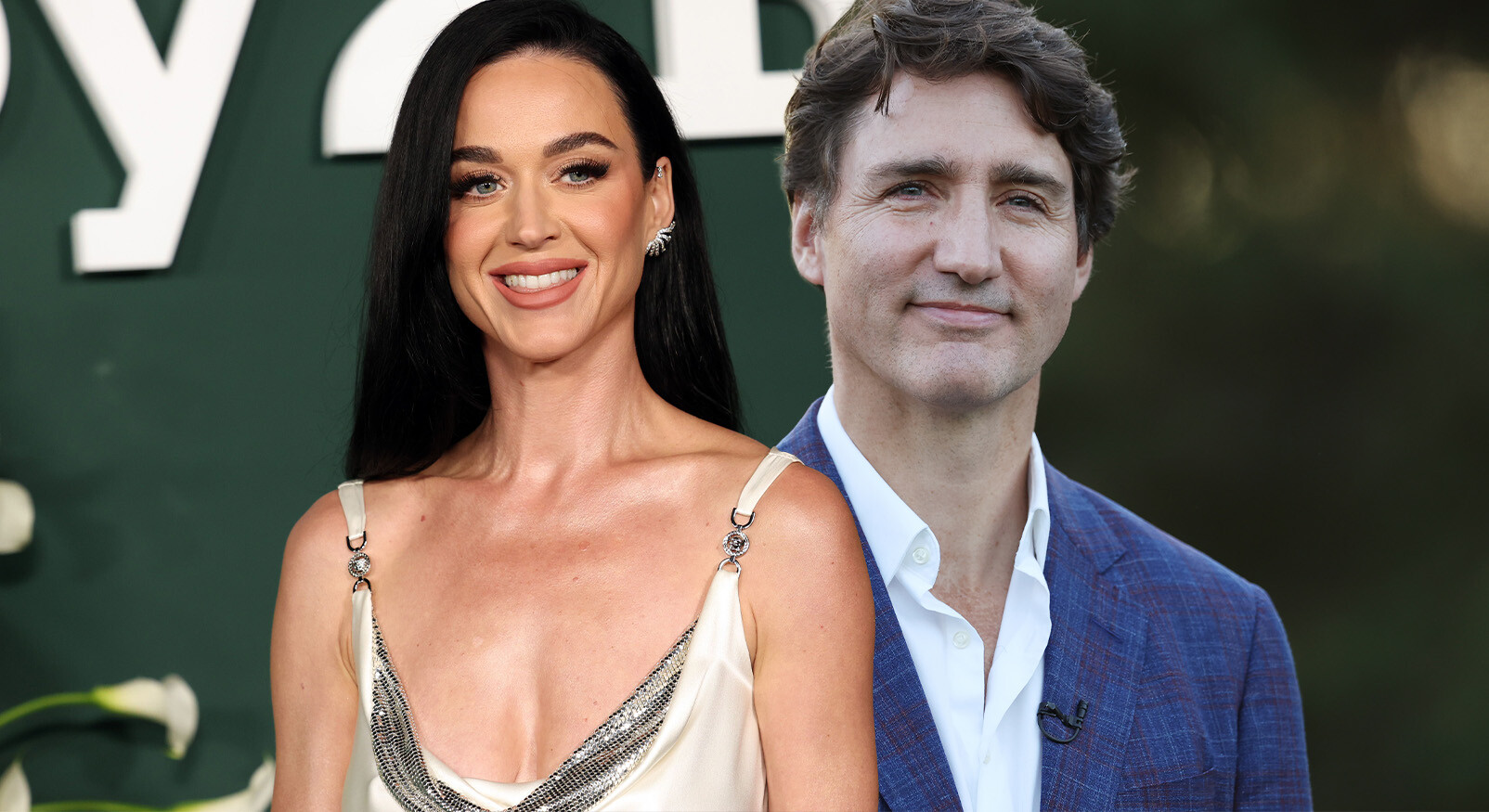 Portretfoto van de Amerikaanse zangeres Katy Perry en de Canadese premier Justin Trudeau, die naast elkaar staan en glimlachen. Perry, links, heeft lang, donker haar en draagt een crèmekleurige satijnen jurk met spaghettibandjes en lovertjes. Trudeau, rechts, draagt een blauwe blazer met patroon over een licht overhemd.
