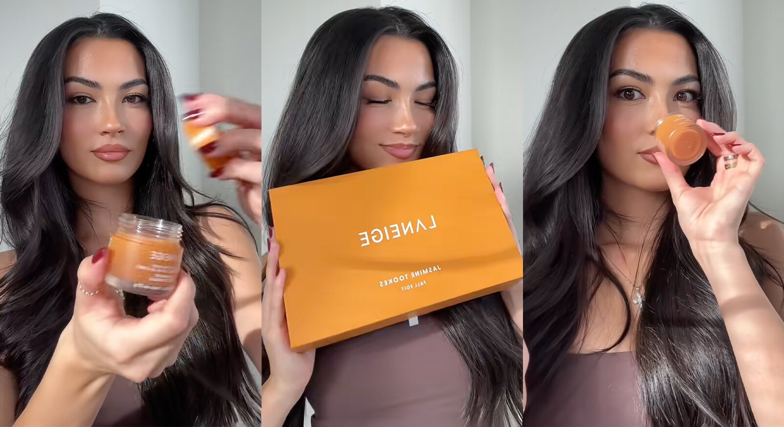 "Een drieluik van foto's van een jonge vrouw met lang, donker haar die de nieuwe Laneige 'Fall Sleeping Mask' producten promoot. Links en rechts houdt ze het oranje-bruine potje met de lippenbalsem omhoog. In het midden ruikt ze aan de oranje productverpakking met de tekst 'LANEIGE' en 'JASMINE TEA / FALL 2025'."