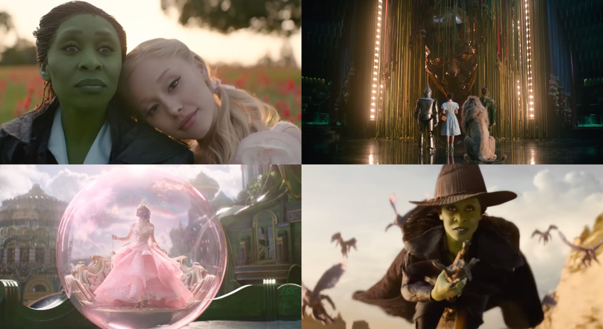 Vier scènes uit een fantasiefilm. Links boven zit een groene vrouw met serieuze blik in een bloemenveld, terwijl een blonde vrouw teder haar hoofd op haar schouder legt. Rechts boven staan vier personages — een meisje in een blauwe jurk, een metalen figuur, een leeuwachtig wezen en nog iemand — voor een groot, glimmend gouden gezicht in een theatrale zaal met hoge gordijnen. Links onder zweeft een elegante vrouw in een grote roze jurk binnen een glanzende, zeepbel-achtige bol boven een sprookjesachtige stad. Rechts onder vliegt de groene vrouw met een puntige hoed door de lucht, gevolgd door vliegende wezens met vleugels.