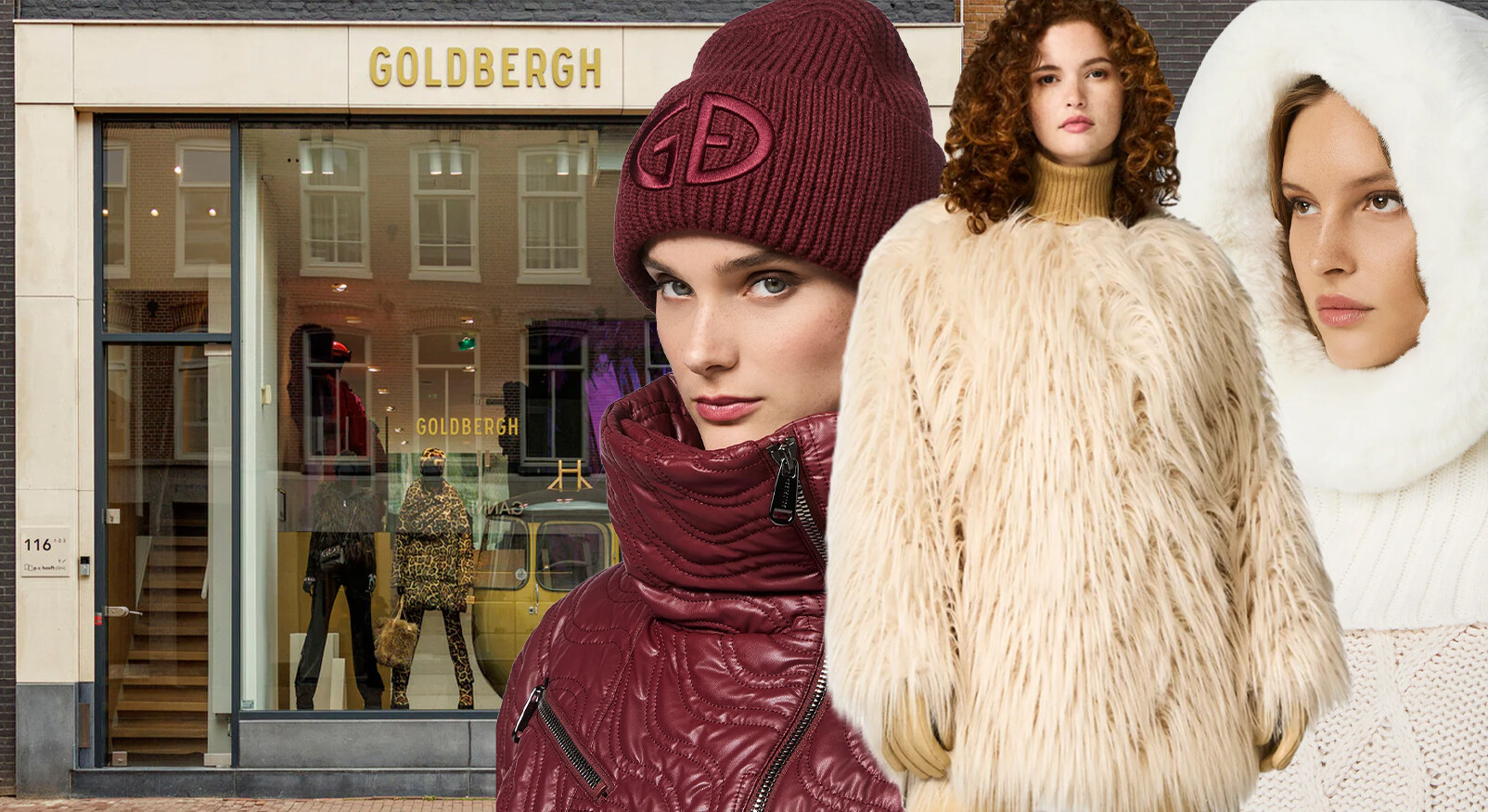 Storefront of GOLDBERGH with three models in the foreground wearing luxury, warm winter clothing, including a burgundy quilted jacket and a cream-colored furry coat.
