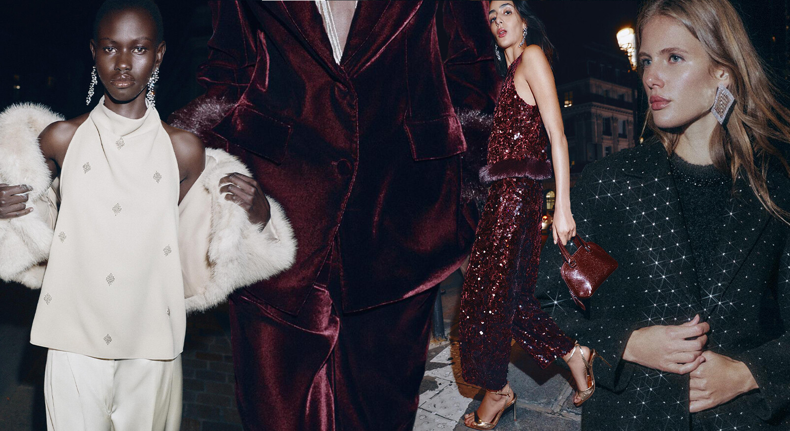 Collage van feestelijke fashionlooks in nachtelijke setting, met modellen in luxe materialen zoals fluweel, pailletten, imitatiebont en glinsterende details; outfits in crème, bordeaux en zwart met opvallende oorbellen en kleine partybags