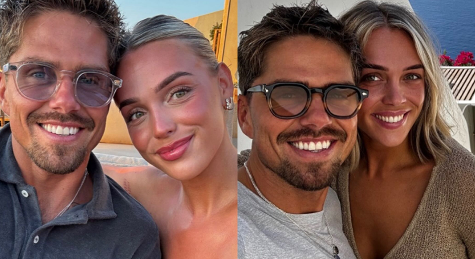 Double close-up collage of the smiling singer André Hazes and his new girlfriend Noá de Braaf with sunglasses, illustrating their Insta-official romance and their rekindled love.