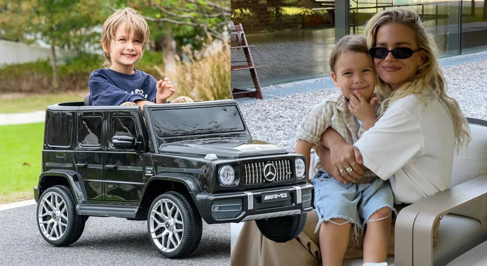 Lachende jongen in zwarte Mercedes G63 AMG elektrische kinderauto van Action.