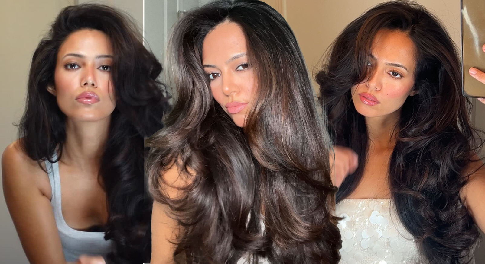 Collage van een vrouw met volumineuze, donkere haarkrullen in Victoria’s Secret Bombshell-stijl, als illustratie van de perfecte blow out en de föhntechnieken en rollers die in het artikel worden besproken.