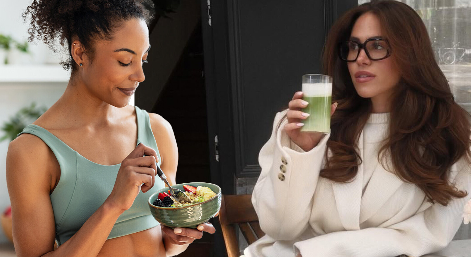Collage van twee vrouwen die gezonde snacks en een groene smoothie consumeren, als illustratie voor het lifestyle-artikel over gezonde alternatieven voor chips en chocolade tijdens een filmavond.