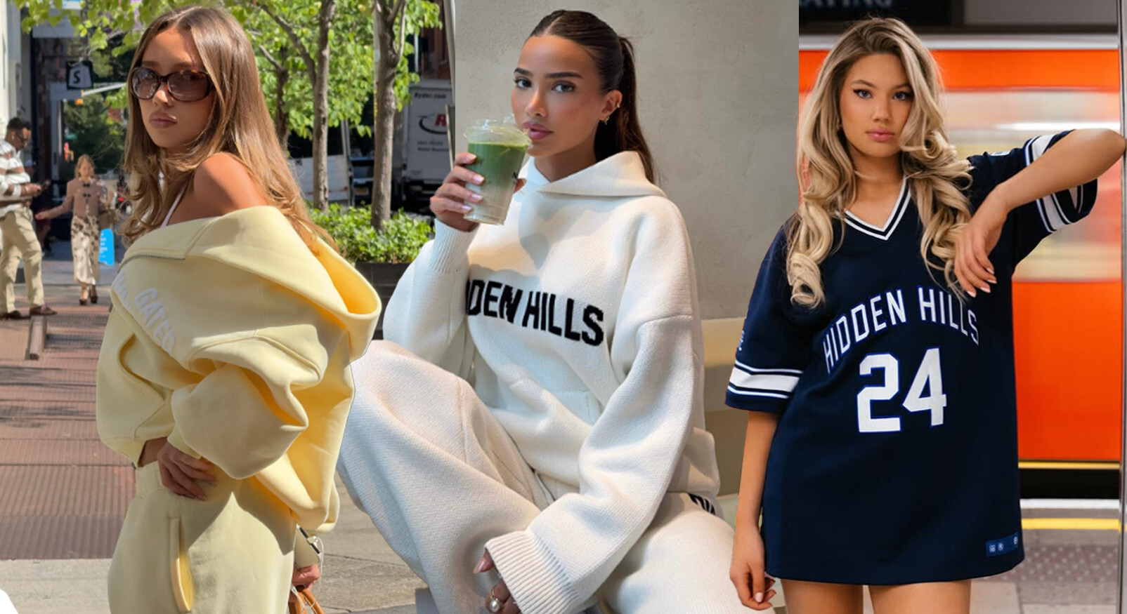Collage of women in Hidden Hills clothing: yellow hoodie, cream hoodie and navy blue sports shirt, Black Friday collection