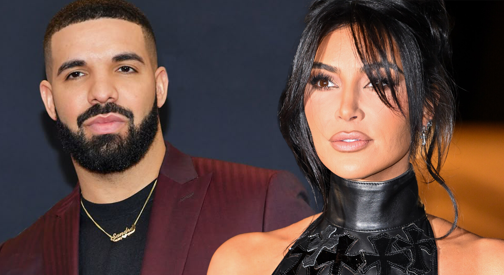 Kim Kardashian en Drake samen in een close-up, voorpagina van geruchten over geheime relatie.