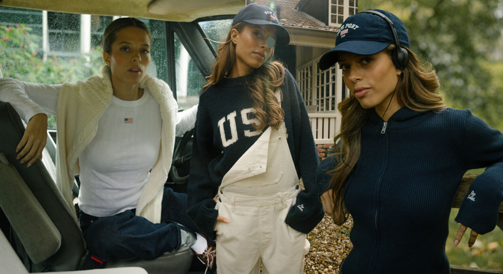 Drie modellen in een collage die preppy en streetstyle items uit de America Today x Zara Goedemans collectie dragen, waaronder een gebreide trui, longsleeve en witte denim overall in herfsttinten.