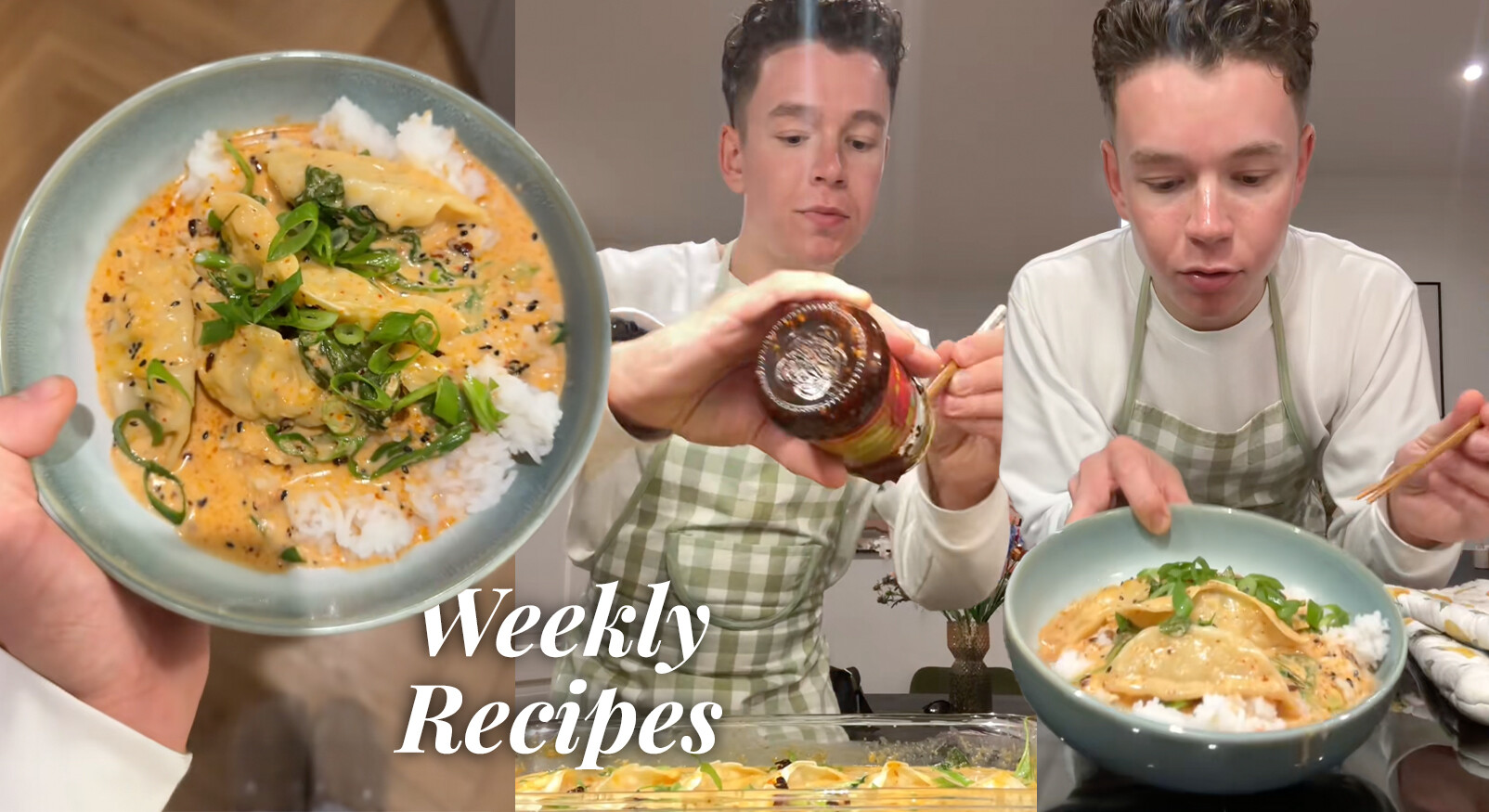 Twee jonge mannen in de keuken die een "dumpling traybake" maaltijd proeven en bereiden. De focus ligt op een kom met rijst, dumplings in een oranje saus, gegarneerd met lente-ui, en de titel "Weekly Recipes."