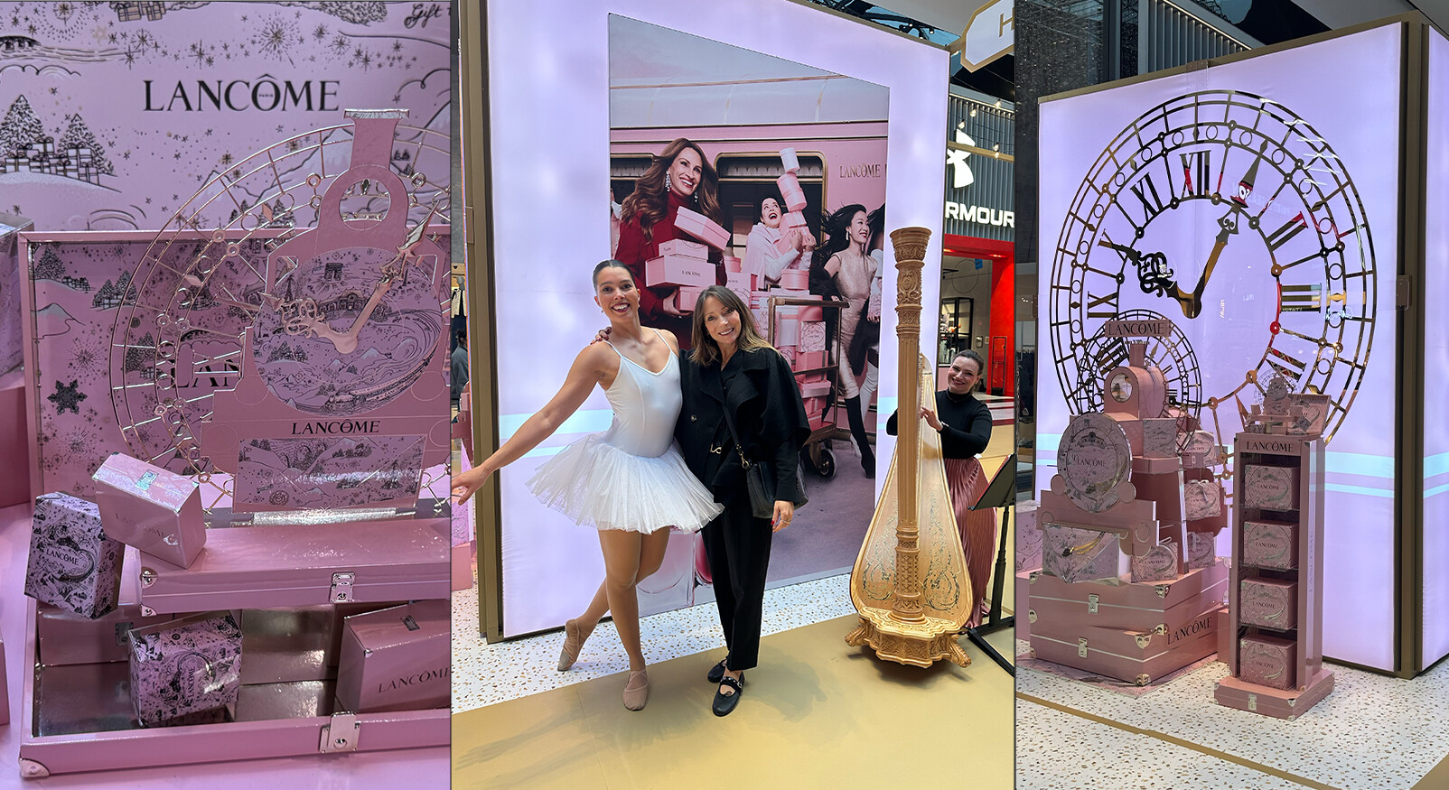 Lancôme Kerstcampagne, Pop-up display, Roze koffer, Gigantische klok, Balletdanser, Vrouwen, Harp, Luxe cosmetica, Kerstdecoratie, Winkelcentrum, Make-up geschenksets.