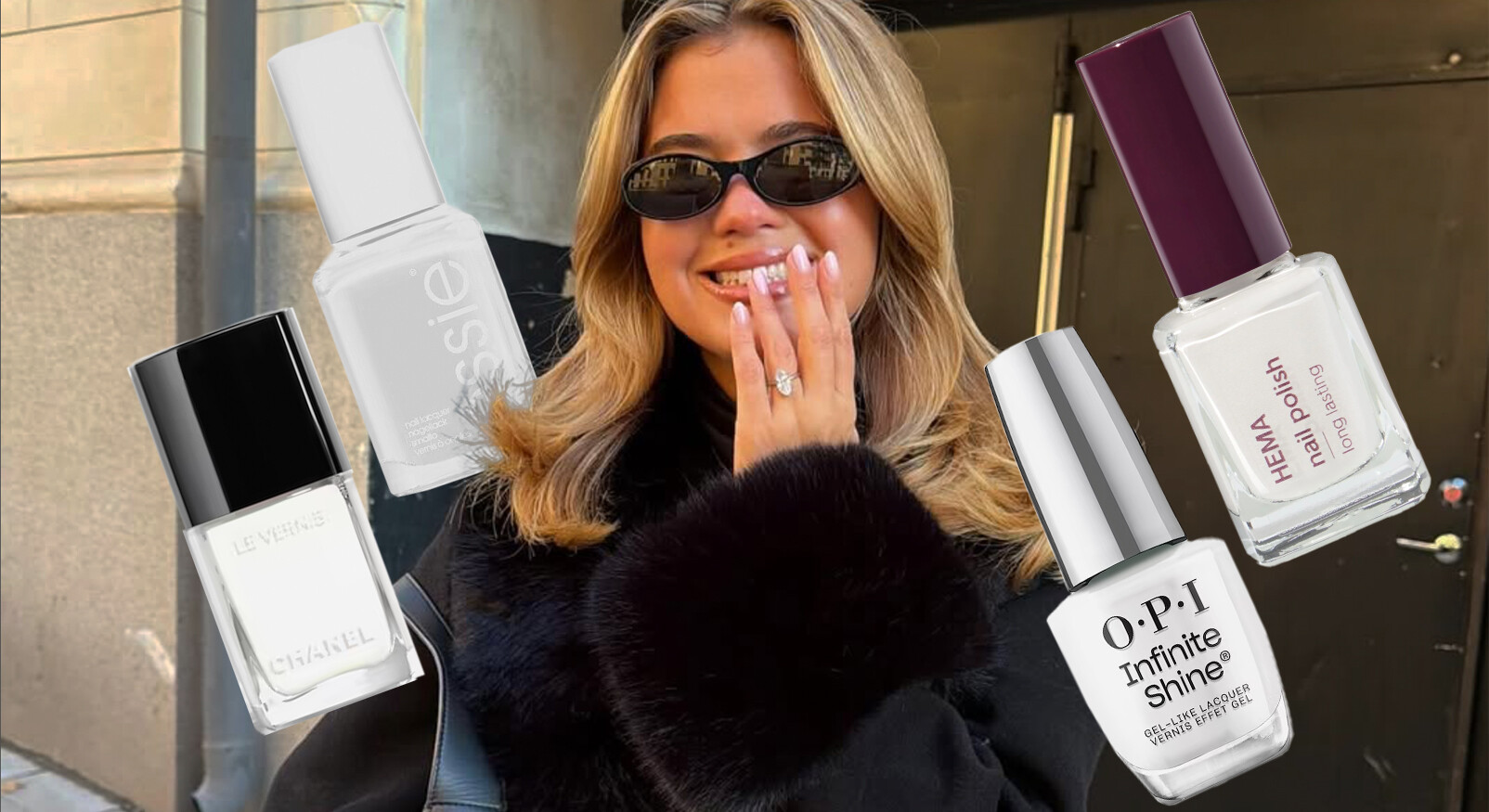 Een blonde vrouw met een zwarte jas met bontkraag en een zonnebril lacht terwijl ze haar vingers met witte nagellak omhoog houdt. Rondom haar zweven vier flessen nagellak in de kleur wit of heel lichtroze, van de merken Chanel, Essie, OPI Infinite Shine en HEMA. Op de fles van HEMA staat een donkerpaarse dop. De achtergrond is een stedelijke omgeving met een donkere muur en een gouden deur.
