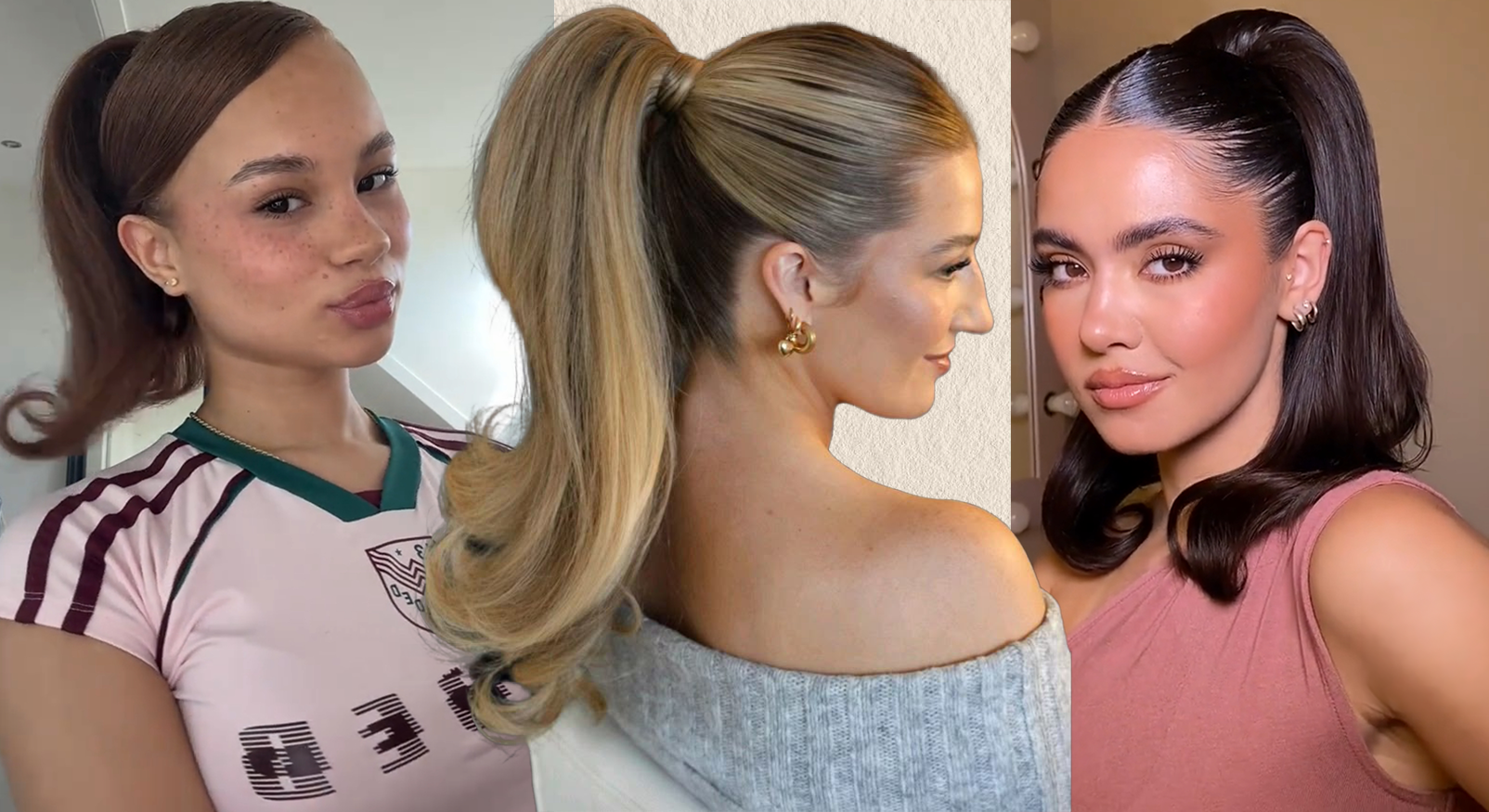 Collage van vrouwen met hoge staarten en slick back kapsels in de stijl van Hailey Bieber.