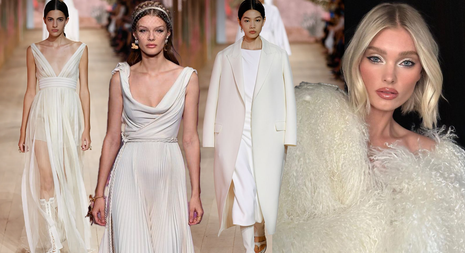 Catwalk models in white elegant clothing, showcasing the Cloud Dancer fashion trend of 2026.