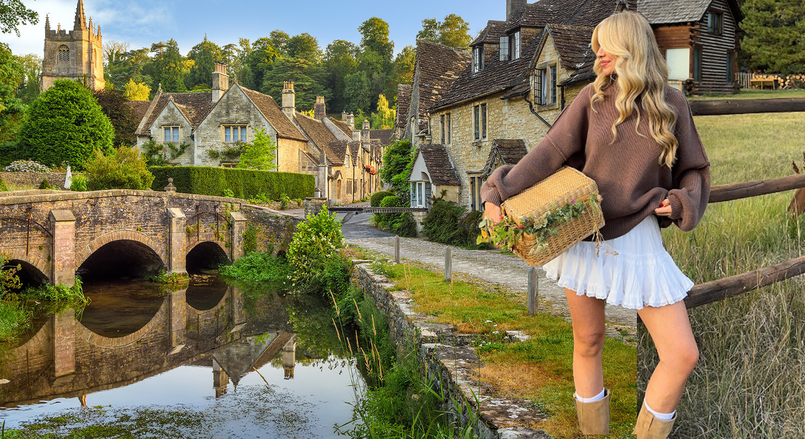 Idyllisch Cotswolds landschap met vrouw in lamswol trui, illustreert de British countryside dresscode.