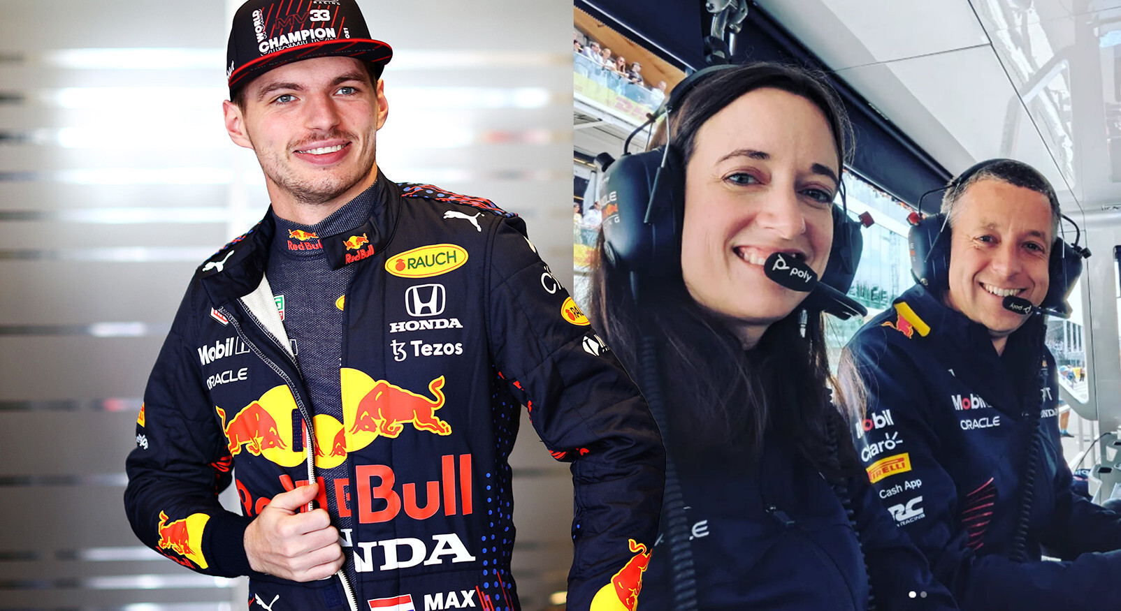 Max Verstappen met Hannah Schmitz, meesterstrateeg en hoofdingenieur van Red Bull.
