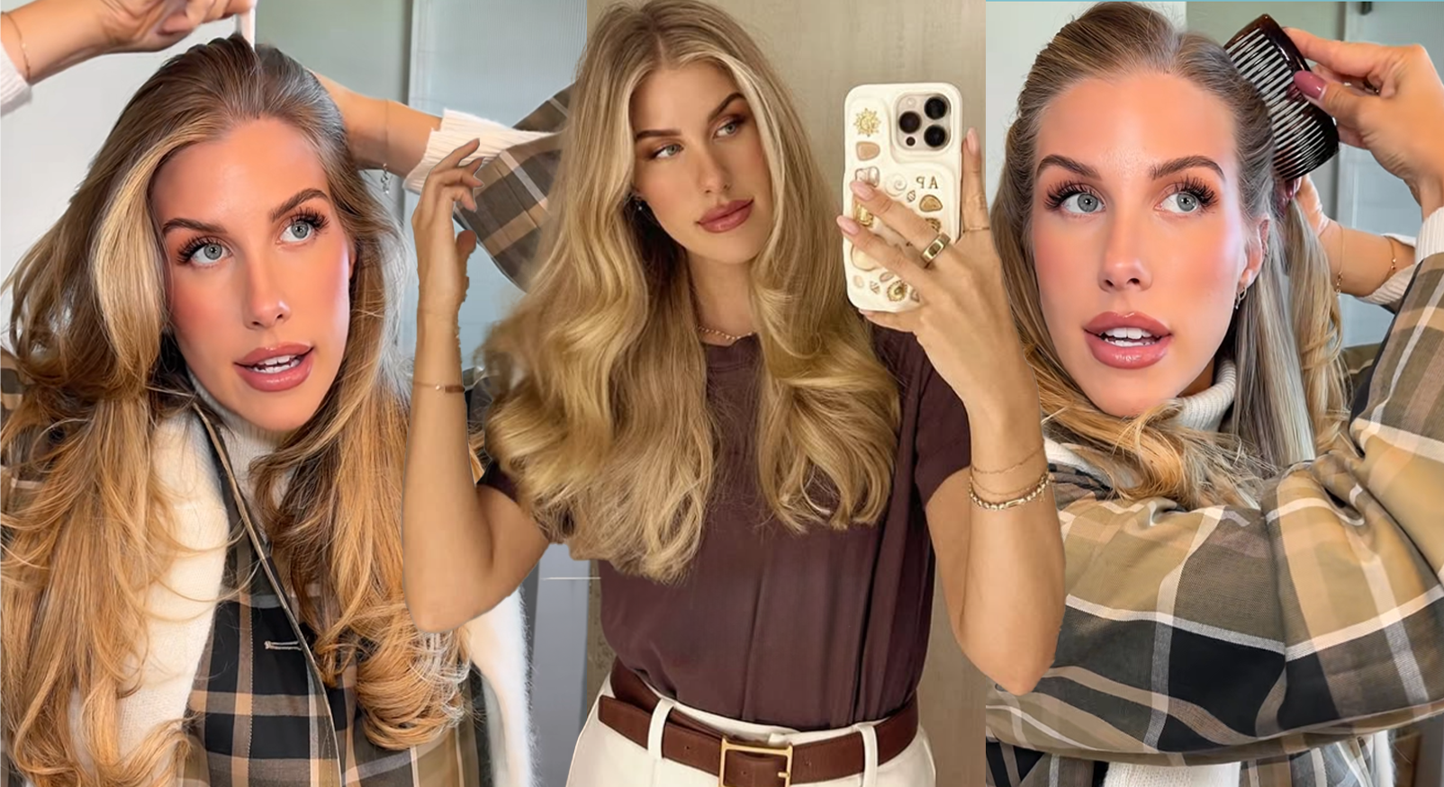 Vrouw met zijscheiding en zachte krullen, perfect kapsel voor de French comb haartrend.