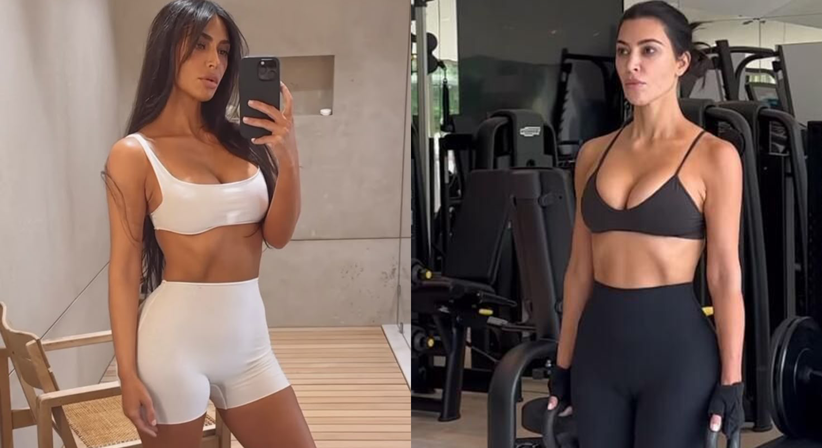 Kim Kardashian sport in de gym, illustreert haar strenge 6-daagse work-out regime met krachttraining.