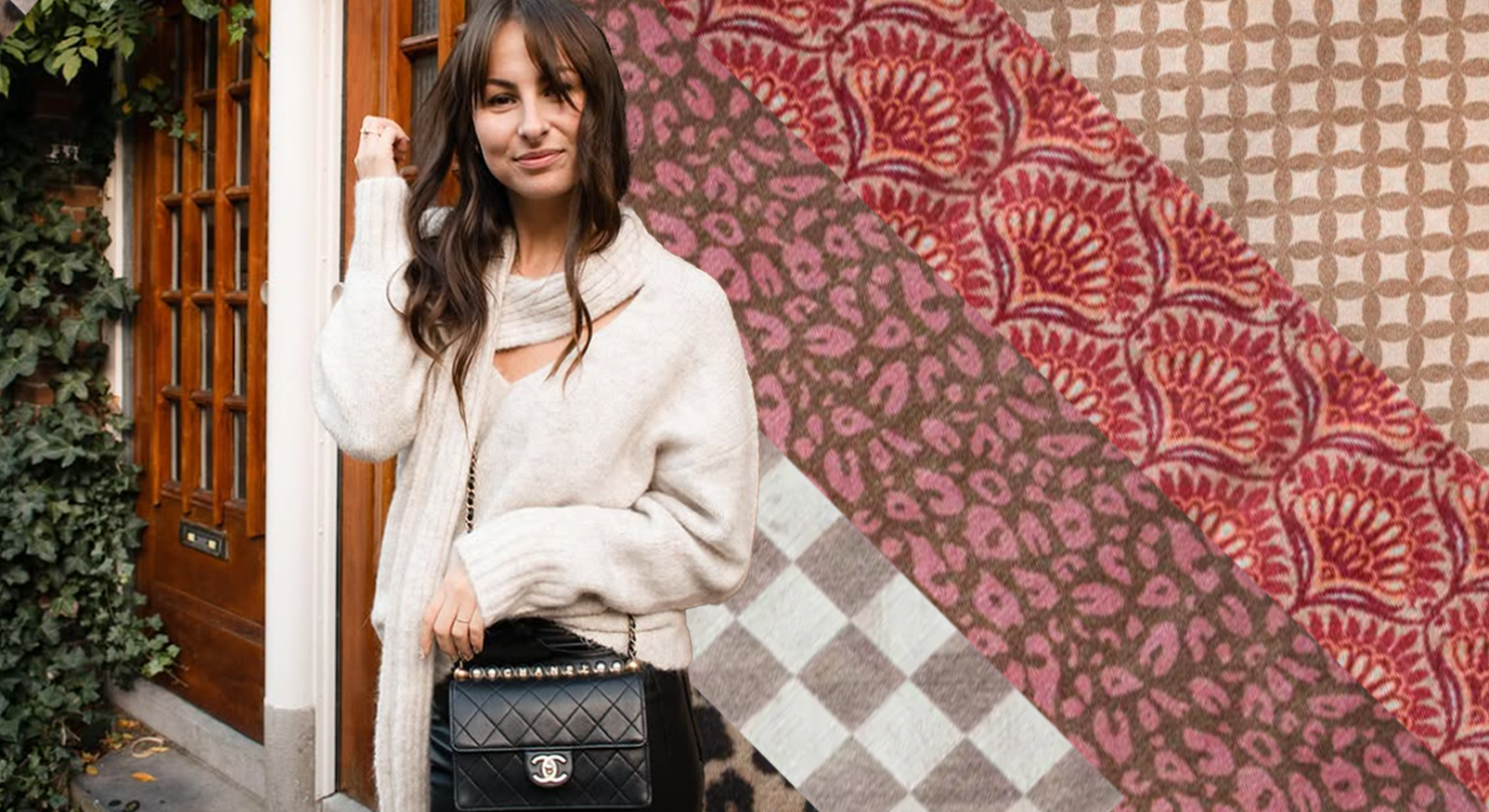 Vrouw met beige trui en luxe tas voor knappe voordeur, focus op interieur design en prints.