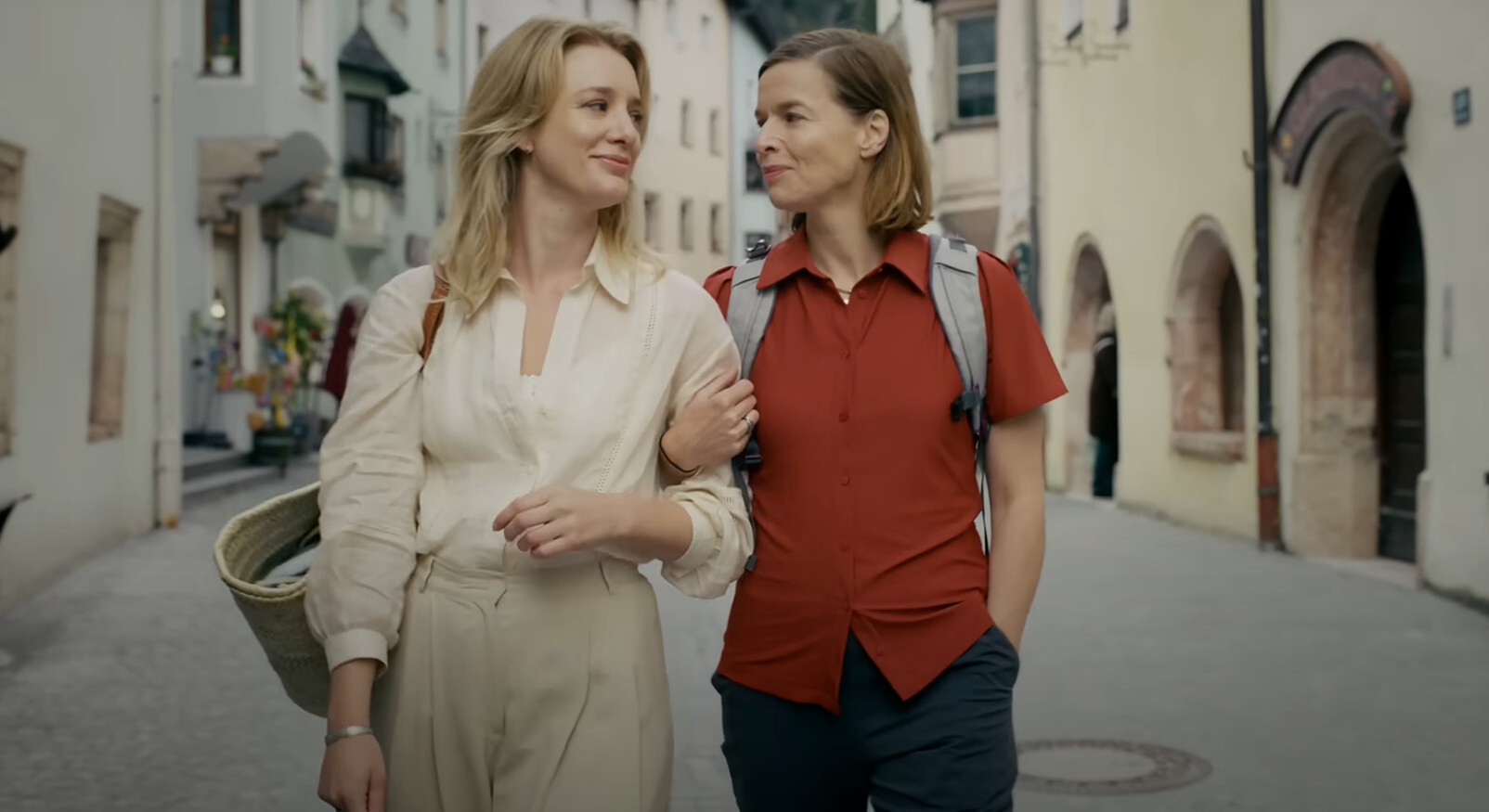 Scene from the Dutch film For the Girls with actresses Thekla Reuten and Noortje Herlaar walking in an Austrian village.
