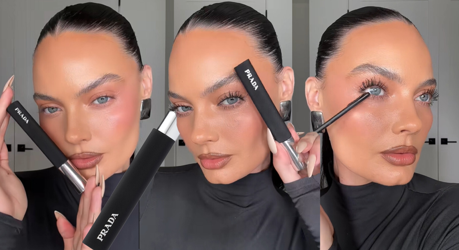 Model toont de Prada Mascara, focus op het '180° Lift & Grip'-borsteltje en luxe verpakking.