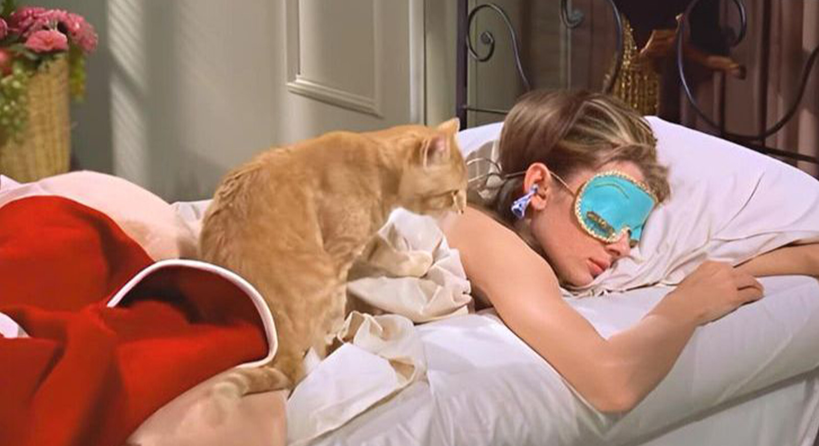 Audrey Hepburn met een iconisch blauw slaapmasker en oordopjes slapend in bed met een kat.
