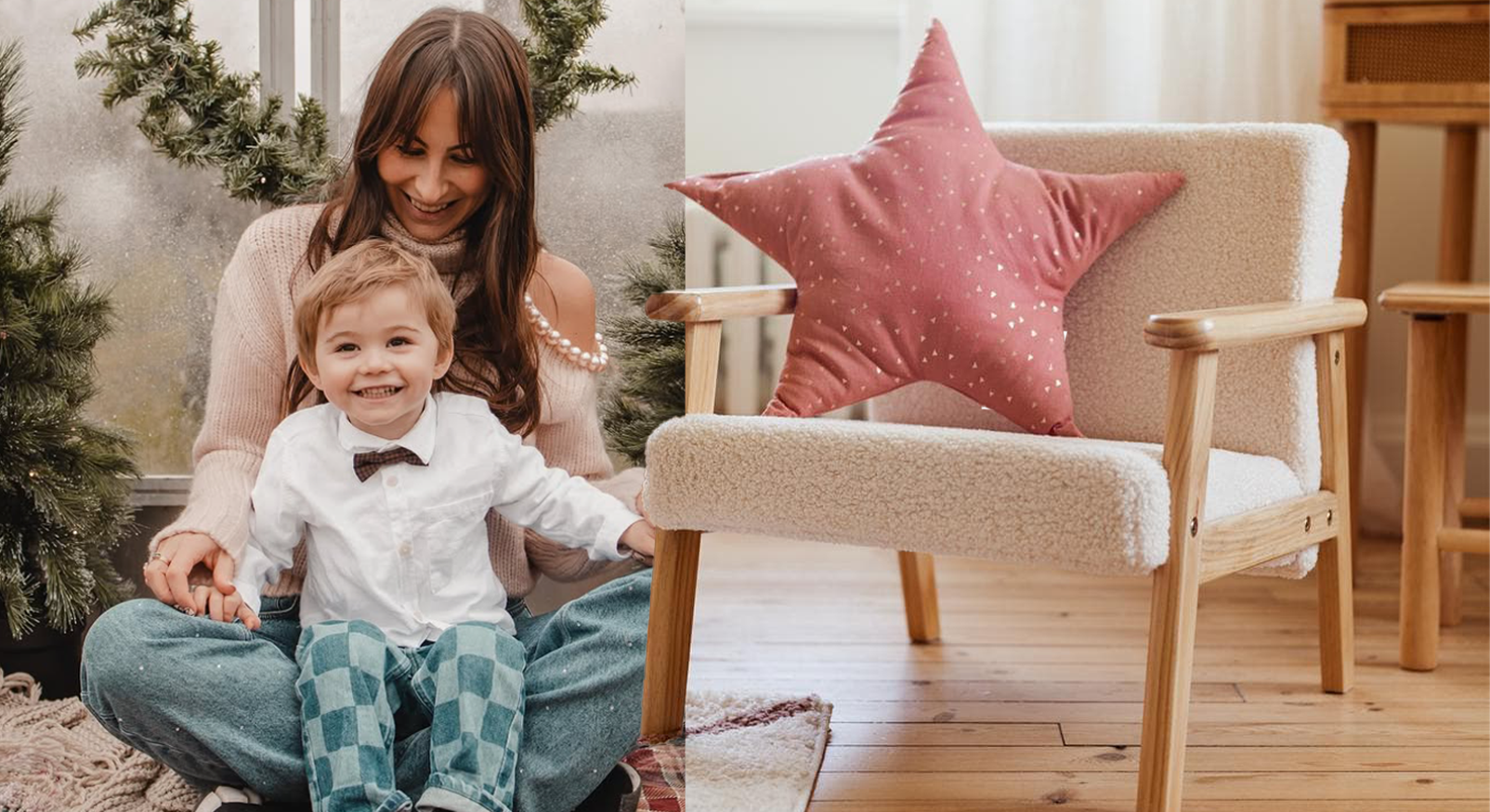 Witte bouclé kinderstoel van Action met houten armleuningen en een roze stervormig kussen.