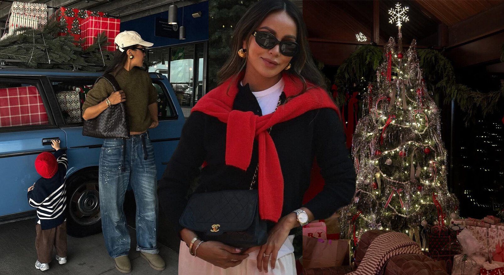ChatGPT zei:Deze afbeelding toont een vrouw in een stijlvolle kerstsetting. Ze draagt een zwarte trui met een rode sjaal die nonchalant over haar schouders is geslagen, en combineert dit met een Chanel tas. Ze staat naast een auto met een kind dat nieuwsgierig aan de deur trekt. Op de achtergrond is een prachtig versierde kerstboom te zien, vol met glinsterende lichtjes en versieringen, en cadeaus liggen eronder. De sfeer is warm en feestelijk, perfect voor de kerstperiode.