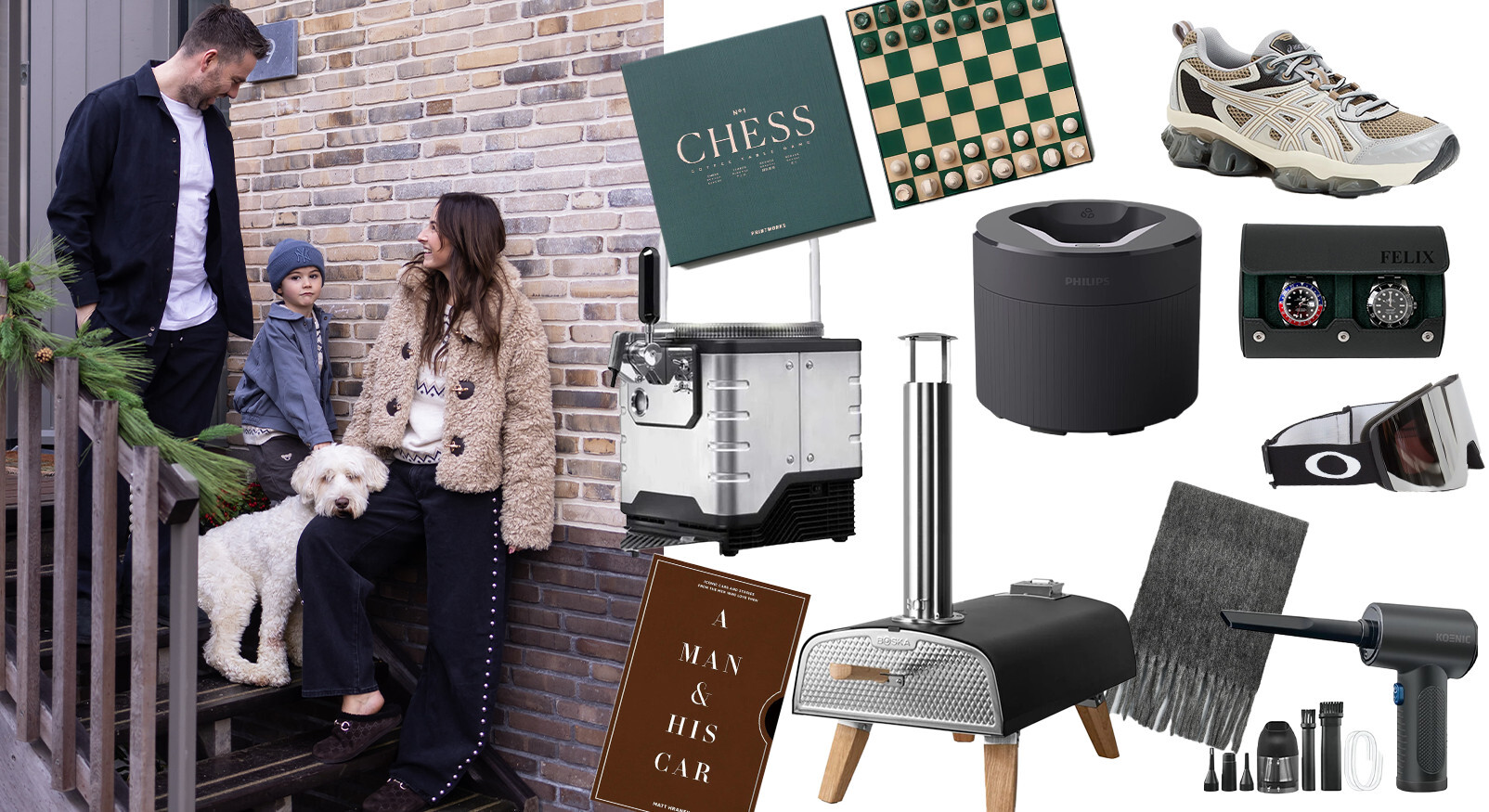 Collage van kerstcadeaus voor mannen met een pizzaoven, sneakers, schaakspel en lifestyle artikelen.