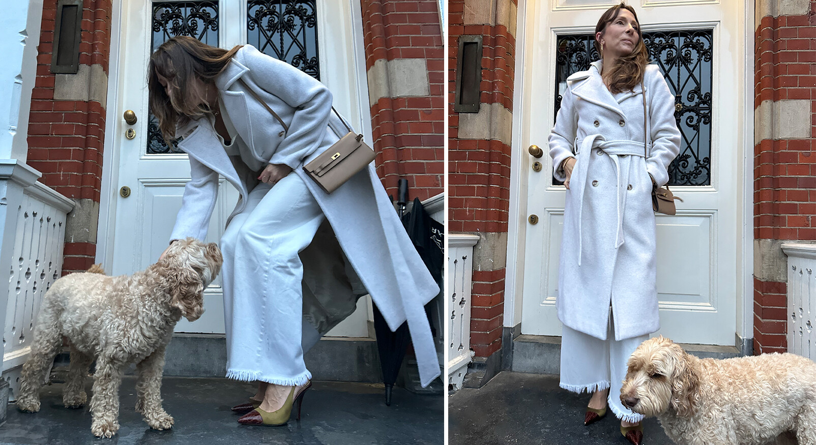 Twee naast elkaar geplaatste beelden van een vrouw in een volledig witte outfit met een lange, gebonden wollen jas en broek met franjes. Ze draagt rode/bordeaux hakken met slangenprint en een kleine, beige schoudertas. In beide beelden staat een pluizige, lichtbruine Labradoodle-achtige hond bij haar voeten. Links buigt de vrouw zich naar de hond. Rechts staat de vrouw rechtop en kijkt ze naar de zijkant, terwijl de hond op de grond kijkt. Ze staan voor een witte voordeur met bakstenen aan weerszijden.