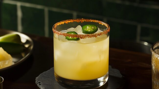 Spicy Margarita with tajin rim and jalapeño slice
