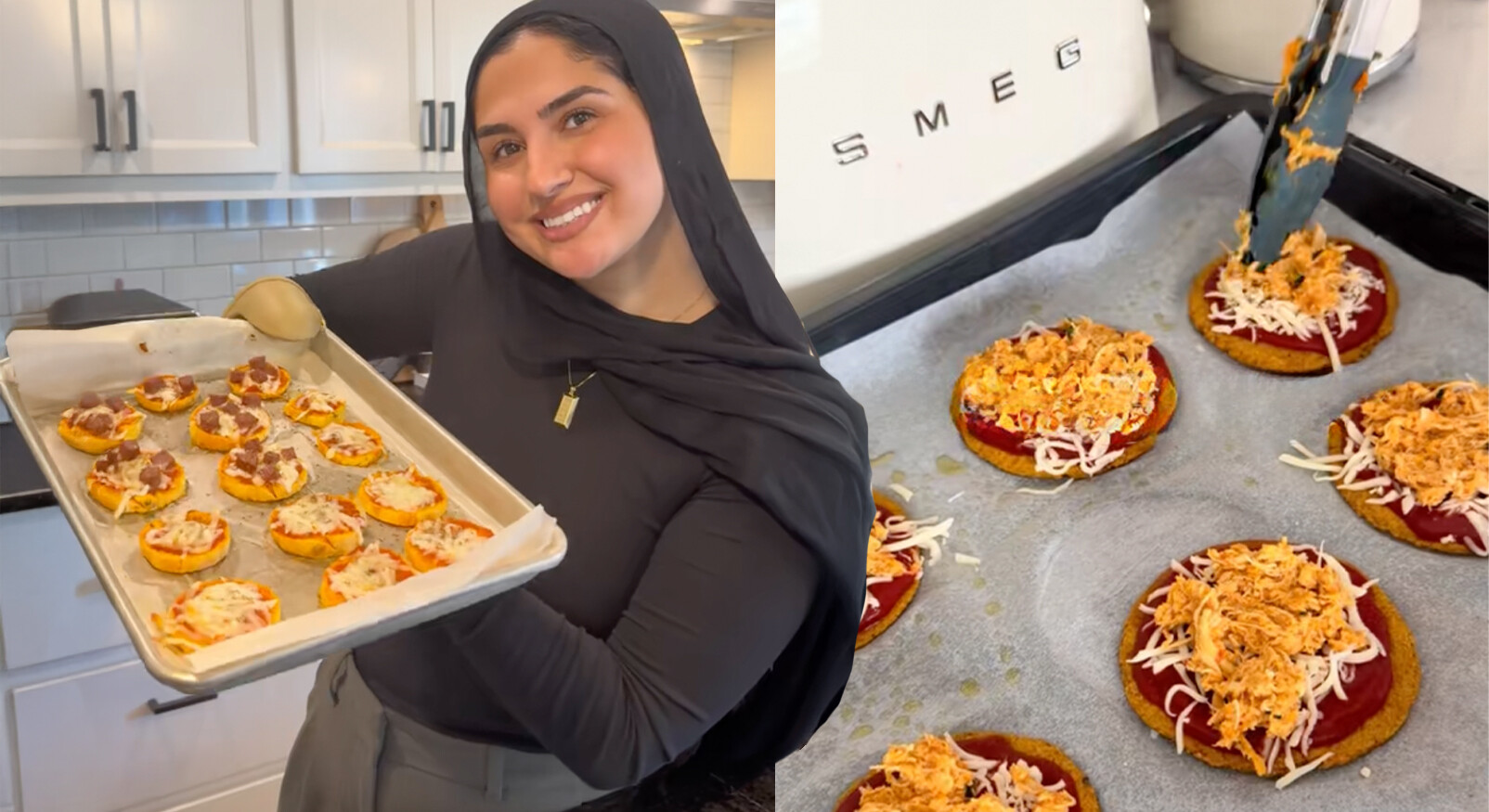 Vrouw met plaat in haar handen waar zoete aardappel mini pizza's op liggen