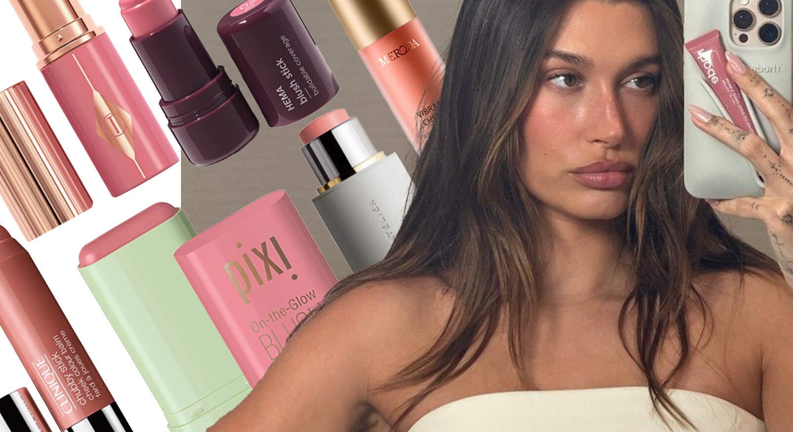 "Collage van diverse blush sticks en balms van verschillende cosmeticamerken naast een vrouw die een selfie maakt."