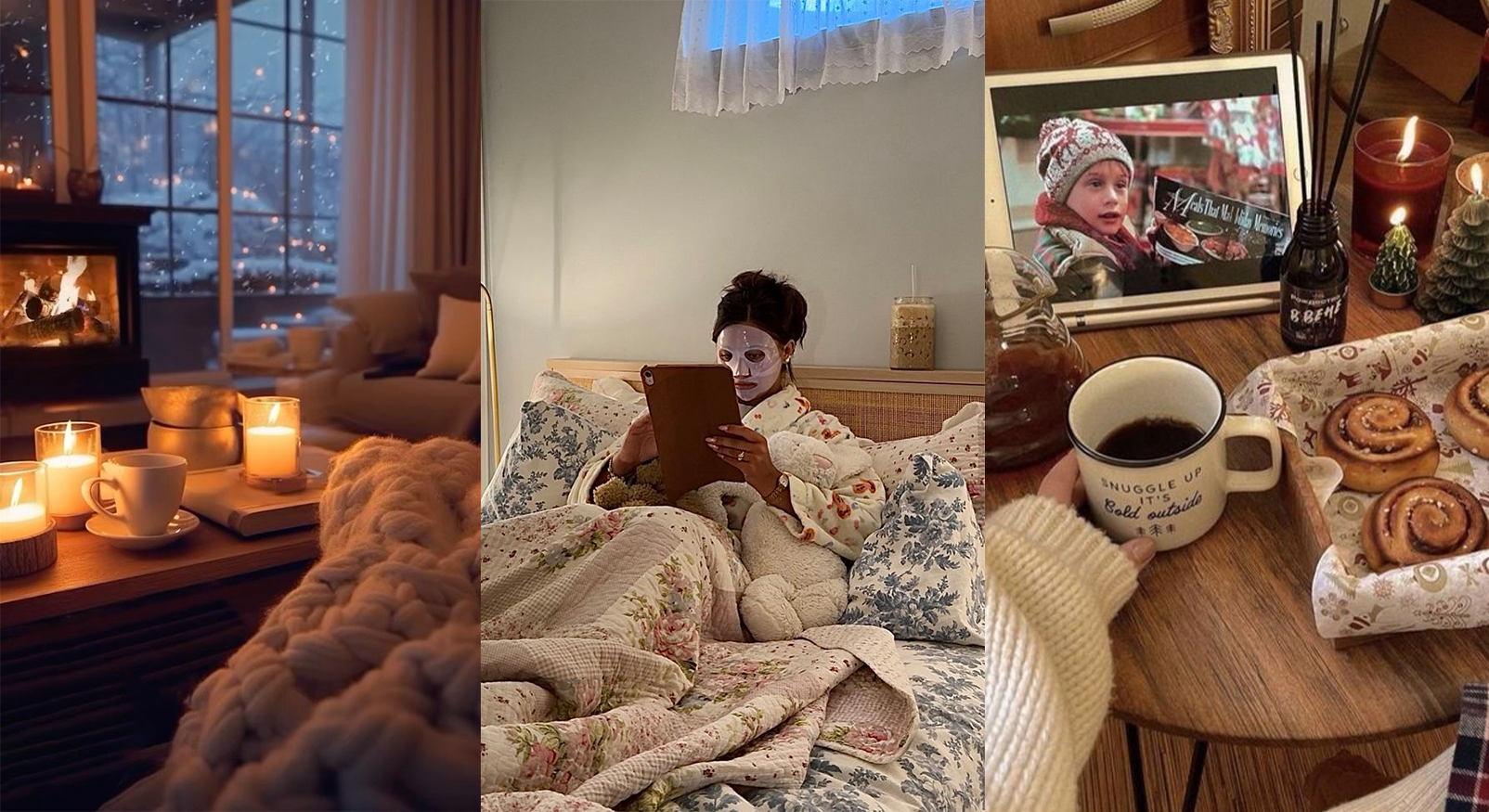 Collage van cozymaxxing: een knusse woonkamer met haardvuur, selfcare in bed met een gezichtsmasker en kaneelbroodjes bij een kerstfilm.