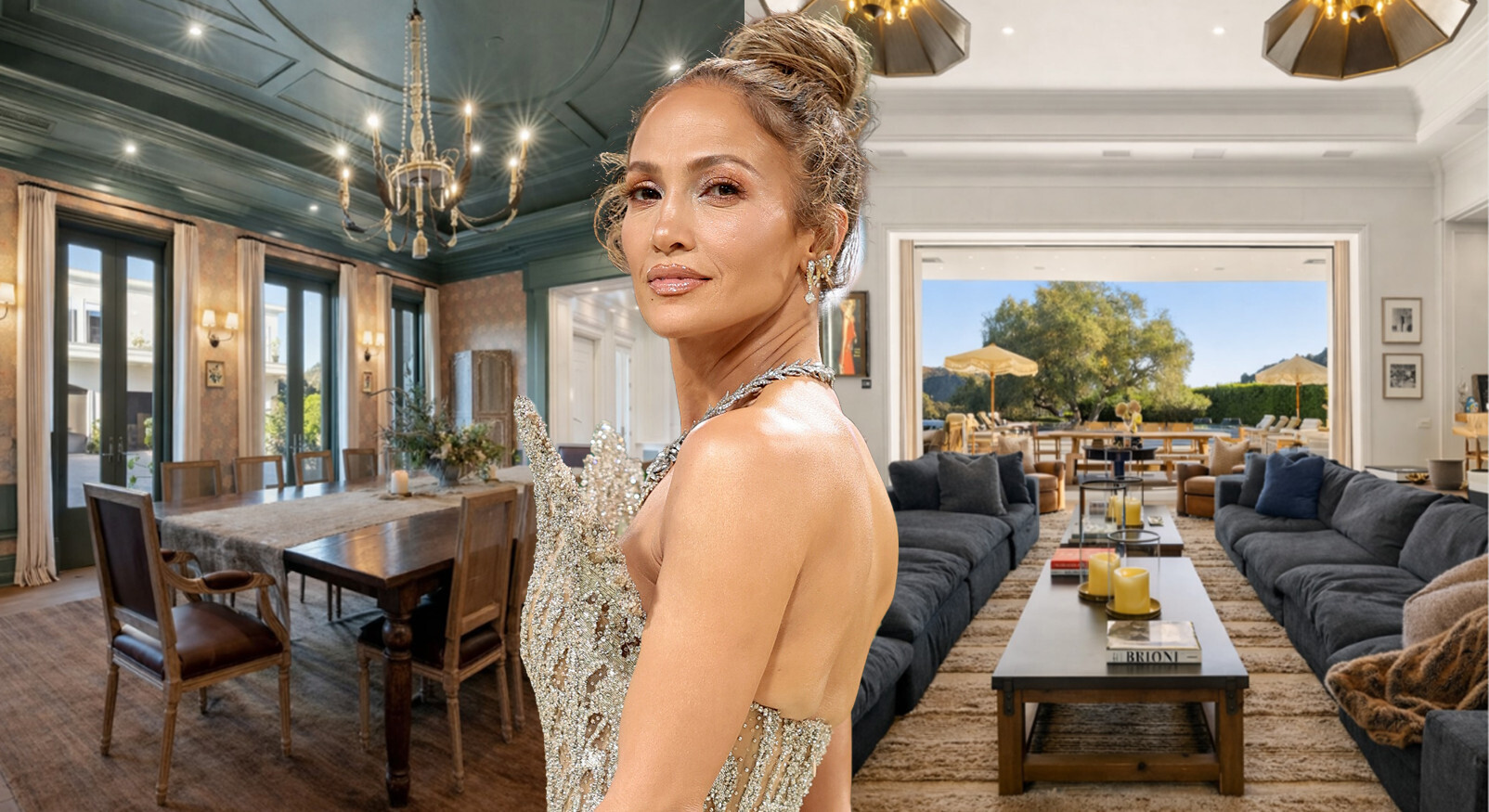Collage of Jennifer Lopez and the interior of her Beverly Hills villa, featuring a dark green dining room and a luxurious living room with blue sofas.