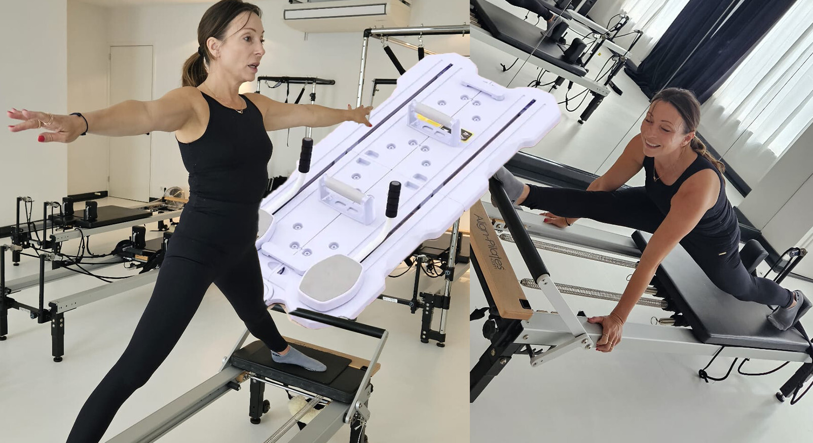 Collage of a woman practising pilates next to Action's budget-friendly, collapsible Pilates Reformer board.