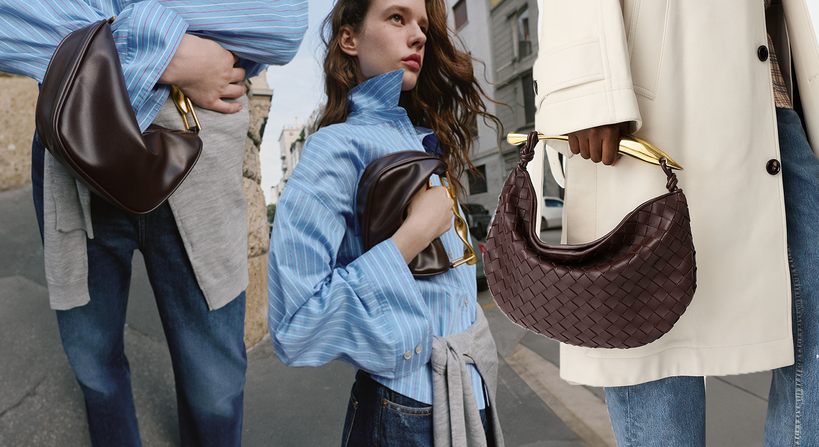 "Fashion collage with various luxury dark brown leather handbags featuring striking gold handles, worn with a blue striped blouse and white coat."
