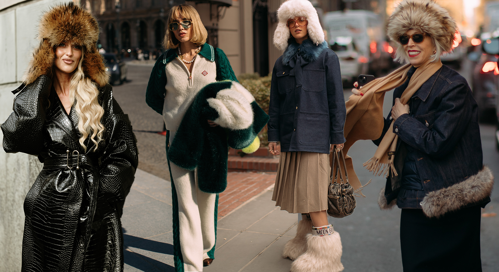 Vier modieuze vrouwen in winterse streetstyle met grote bontmutsen, oversized jassen en Moon Boots.