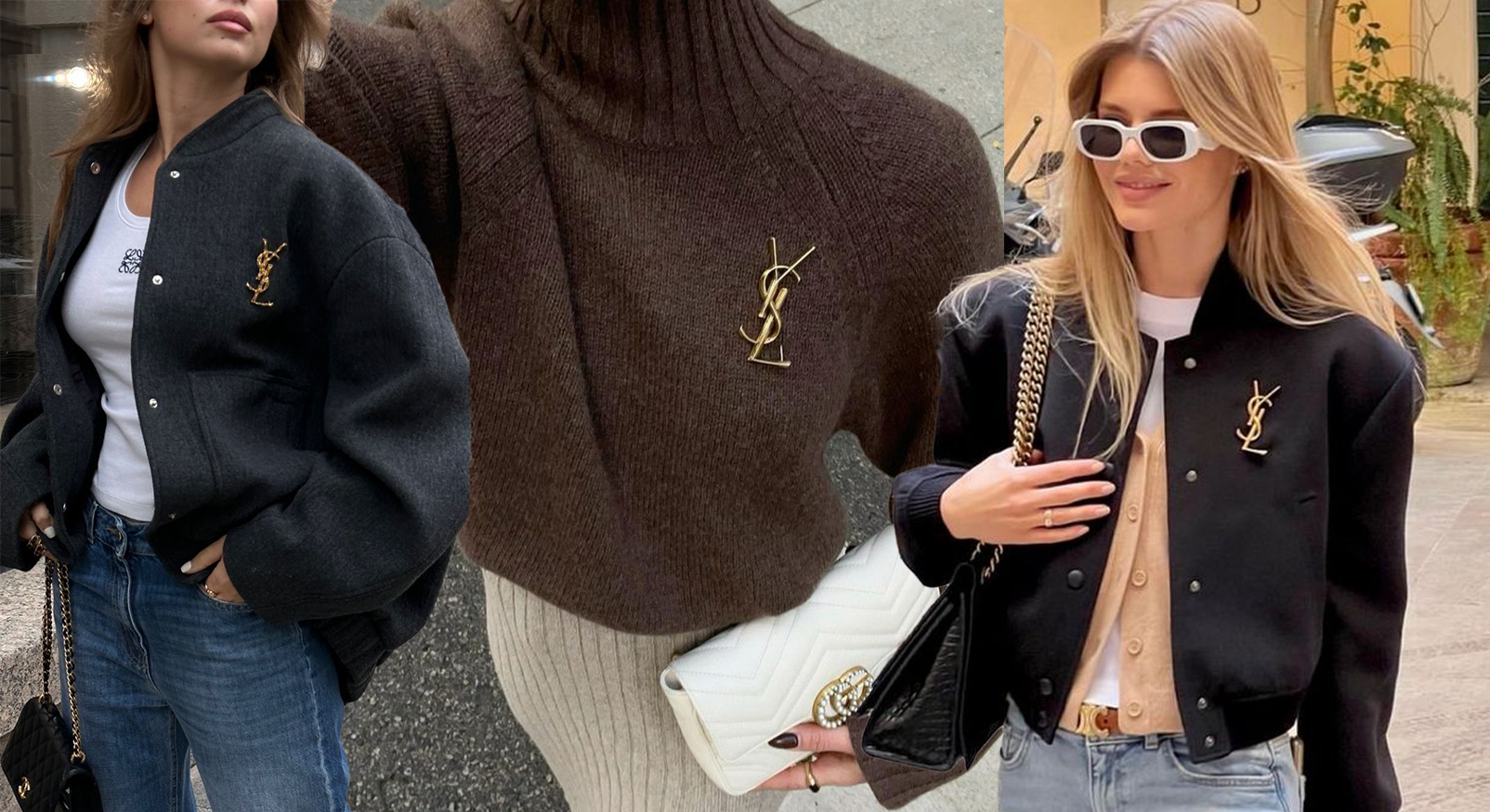 Popular YSL brooch worn on jacket and jumper, recreated with an affordable DIY hack at €40 instead of €450.