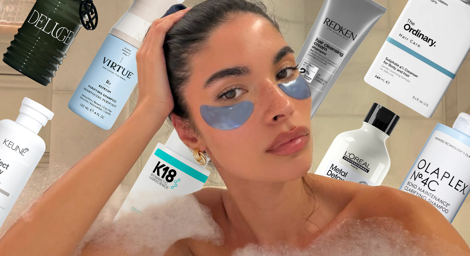 vrouw die eyemasks op heeft en verschillende shampoo flessen