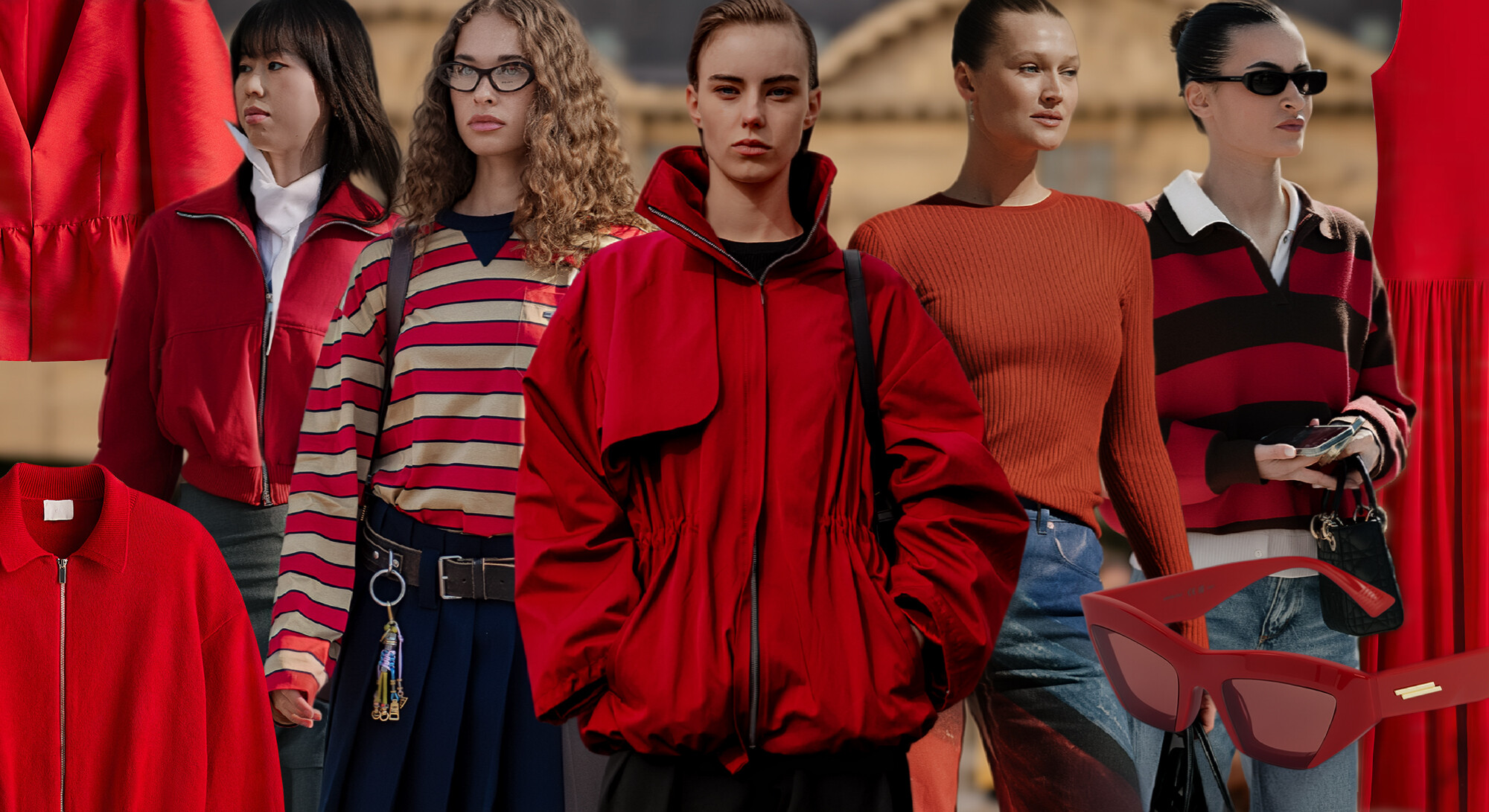 vrouwen poseren in rode kleding fashion week