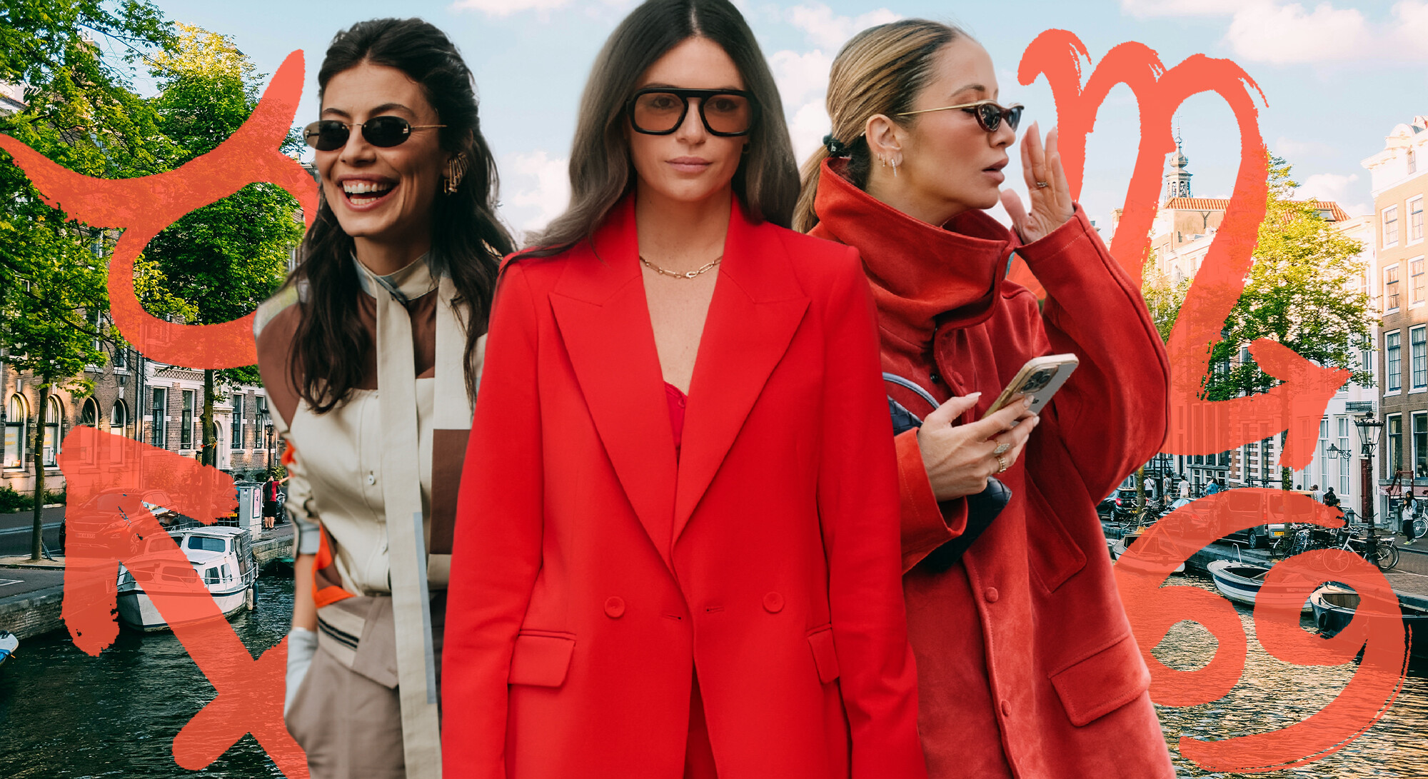 Drie stijlvolle vrouwen in rode outfits op een Amsterdamse gracht tijdens Koningsdag, omringd door rode sterrenbeeldsymbolen