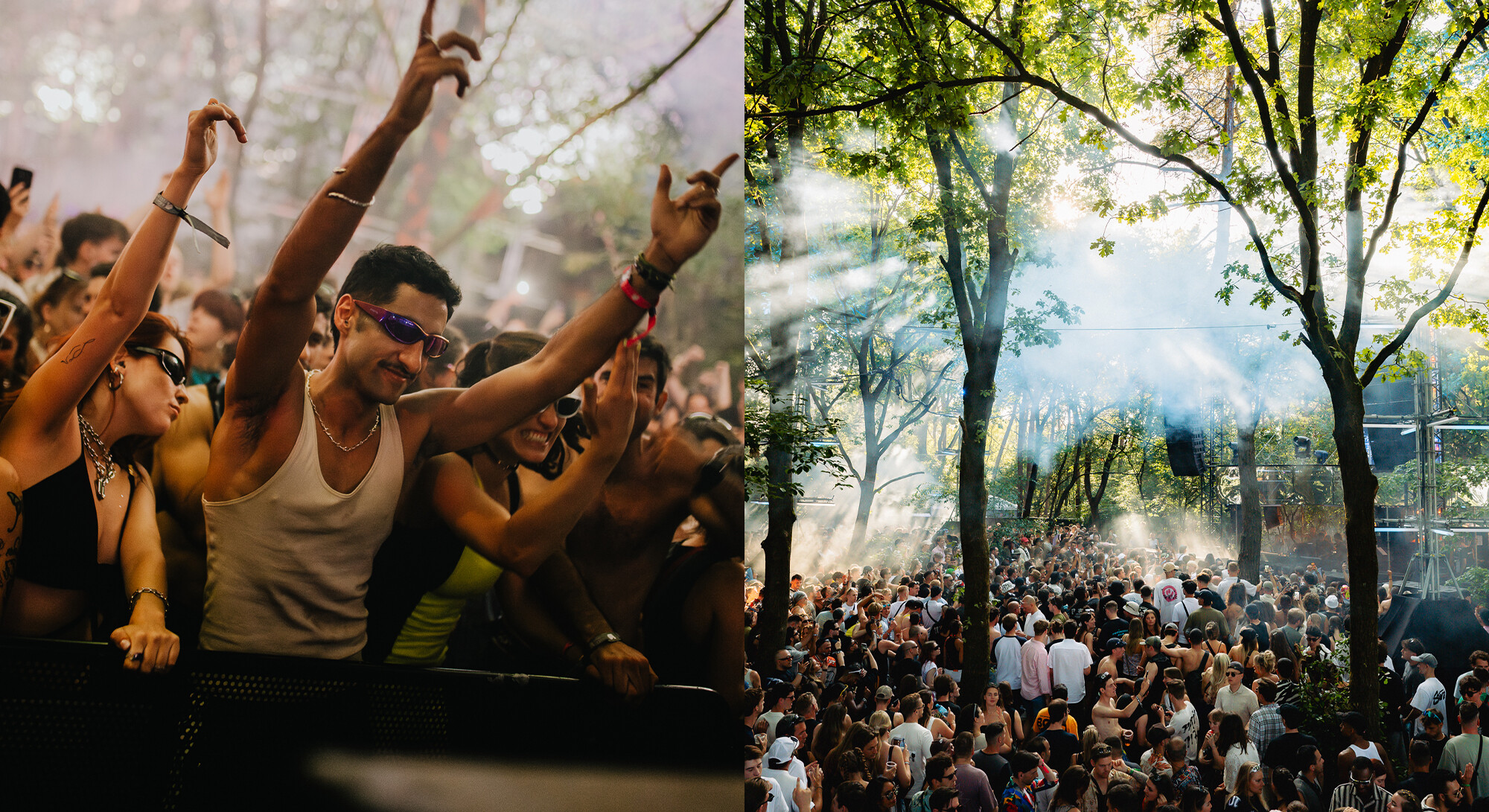 Festival beelden in van mensen die feesten en groot festival terrein