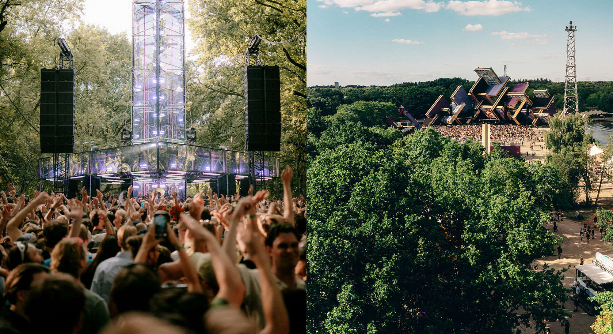 Festival beelden in van mensen die feesten en groot festival terrein