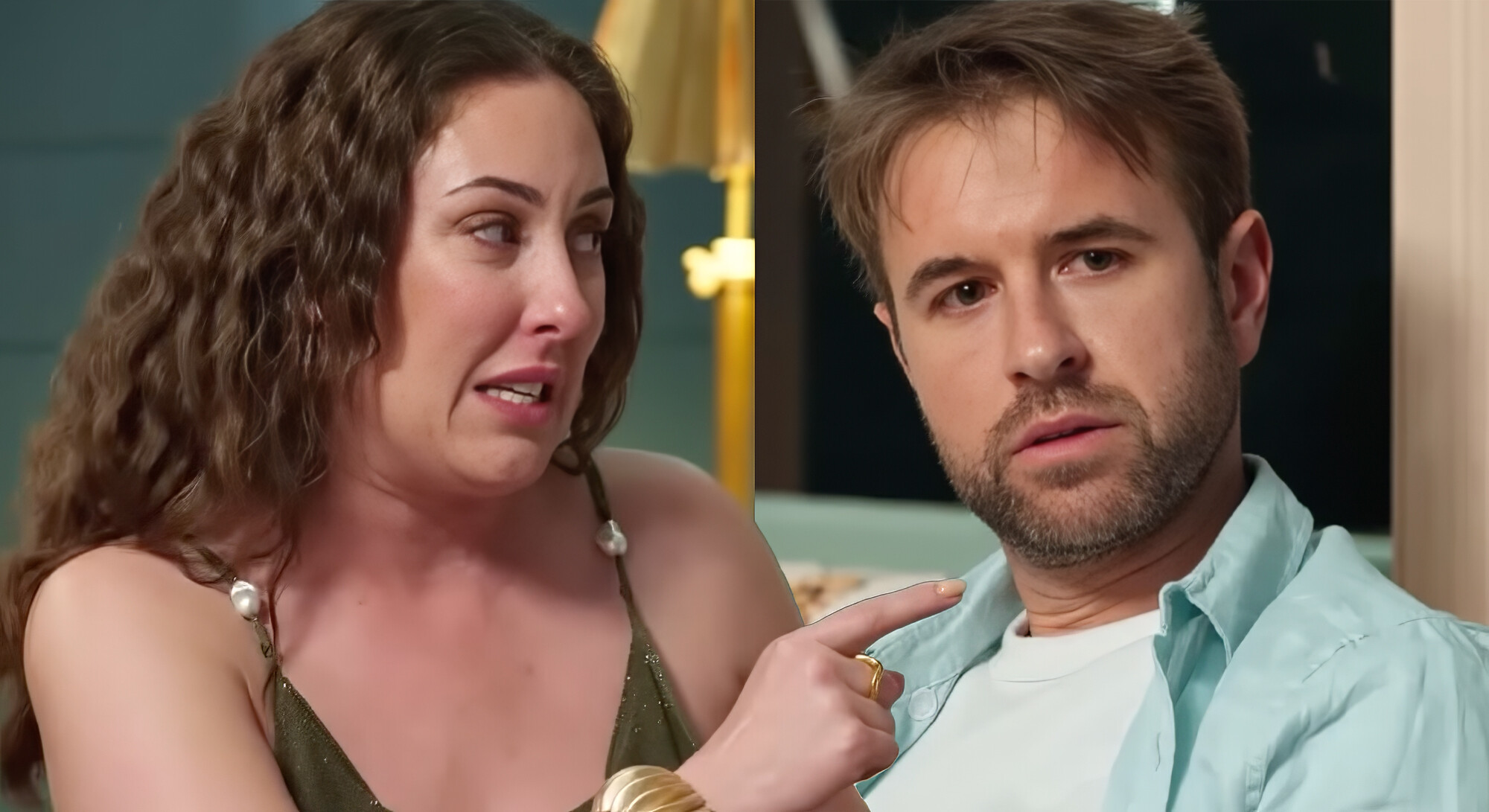 Een split-screen afbeelding van een emotionele vrouw met bruin krullend haar die wijst naar een man met een baard die serieus en vragend kijkt.