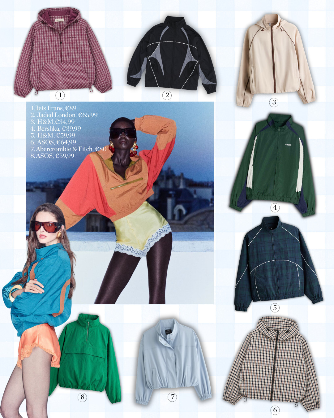 A fashion collage with eight numbered sporty and casual jackets in various colors and patterns, along with two posing models in similar outfits and a list of the corresponding brands and prices.