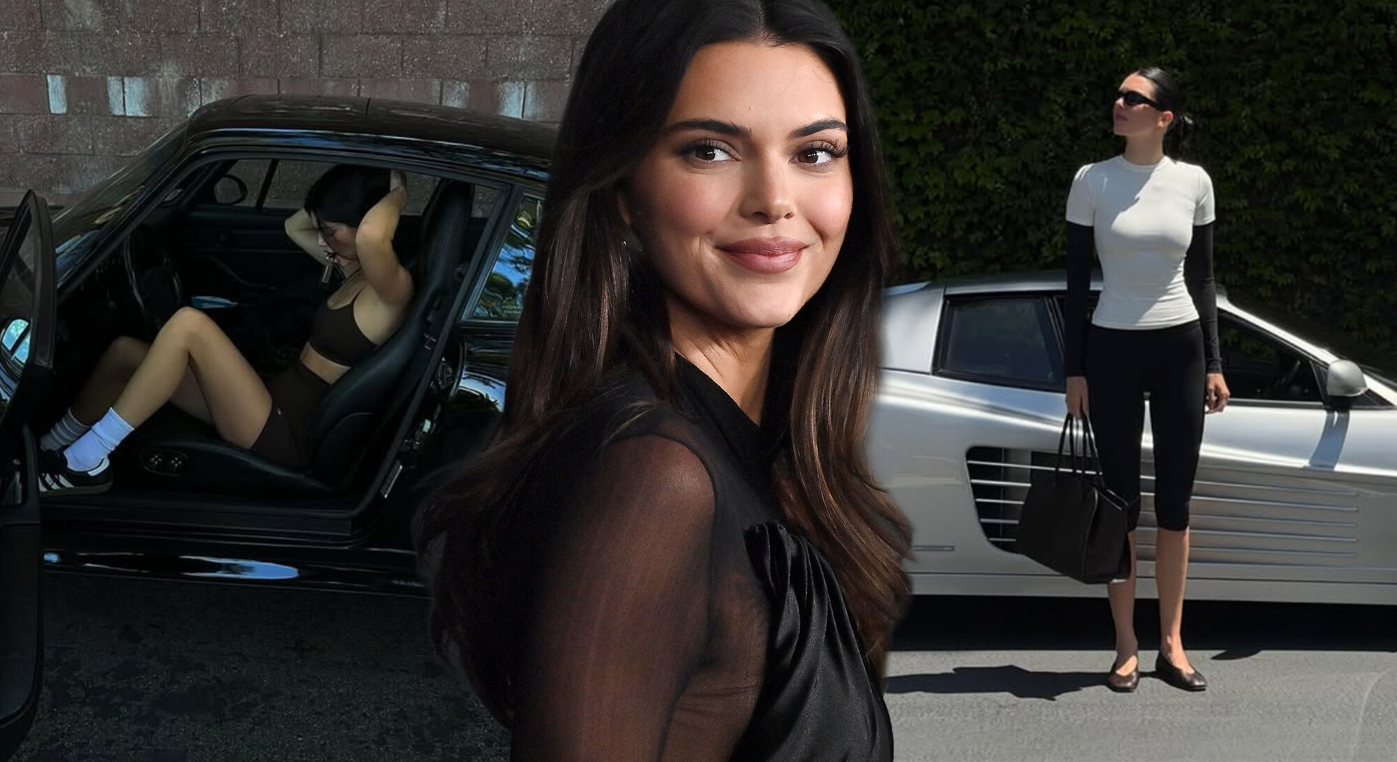 Kendall Jenner bij haar luxe auto’s in verschillende outfits en poses.