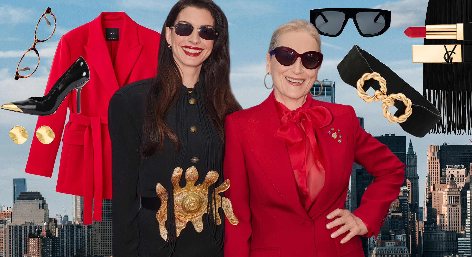 Anne Hathaway en Meryl Streep in rode en zwarte Devil Wears Prada looks, omringd door fashion items zoals hakken, zonnebrillen, sieraden, een blazer en lipstick.